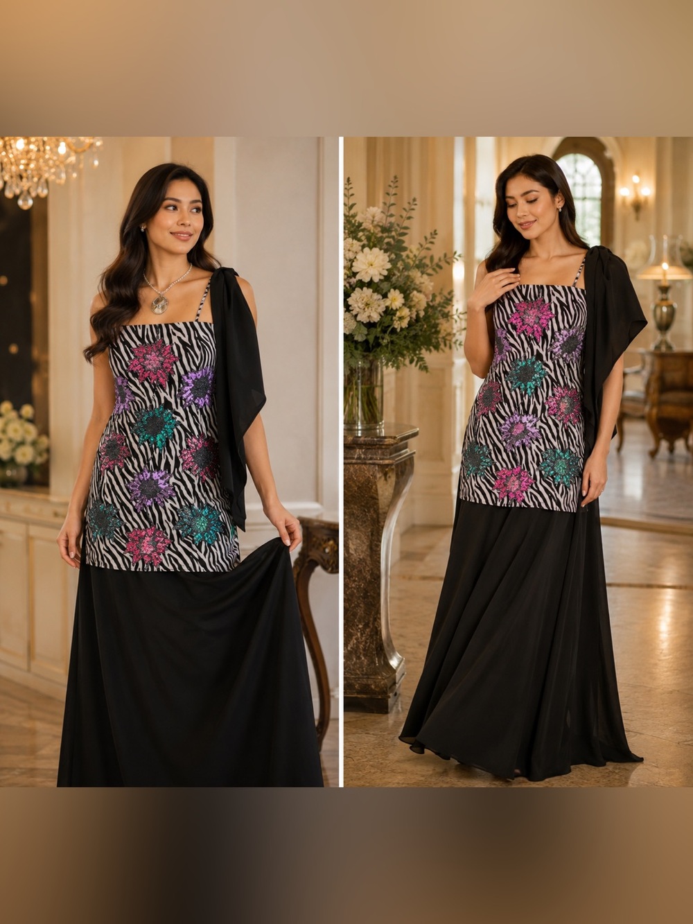 Zebra Print Dress with Colorful Handbeaded Floral Accents